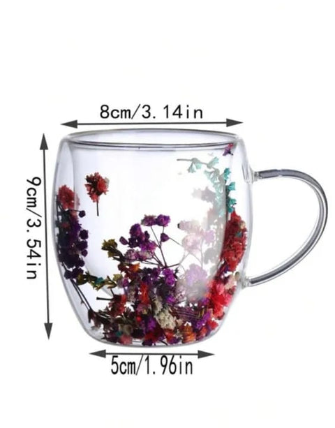 UntiDouble Glass Transparent Coffee Mug 250ML – Artificial Flower Design | Box Packed | Random Designs