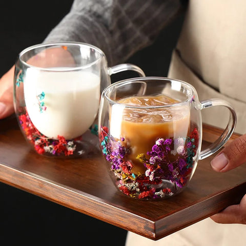 UntiDouble Glass Transparent Coffee Mug 250ML – Artificial Flower Design | Box Packed | Random Designs