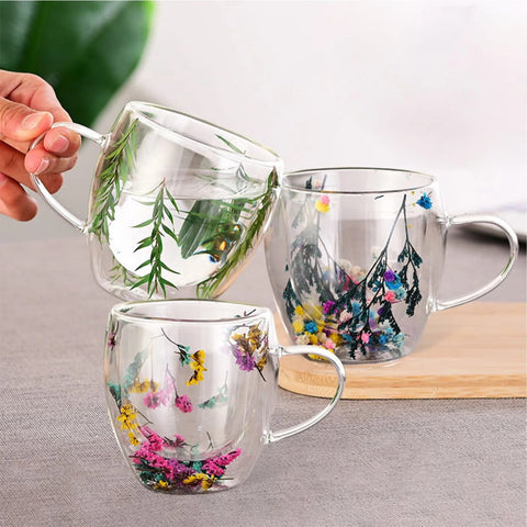 UntiDouble Glass Transparent Coffee Mug 250ML – Artificial Flower Design | Box Packed | Random Designs
