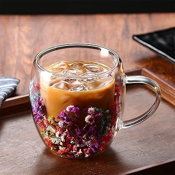 UntiDouble Glass Transparent Coffee Mug 250ML – Artificial Flower Design | Box Packed | Random Designs