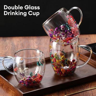 UntiDouble Glass Transparent Coffee Mug 250ML – Artificial Flower Design | Box Packed | Random Designs