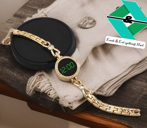 Ladies LED Jewellery Watch – Stone Chain | Touch Sensor | Stylish Green LED Dial